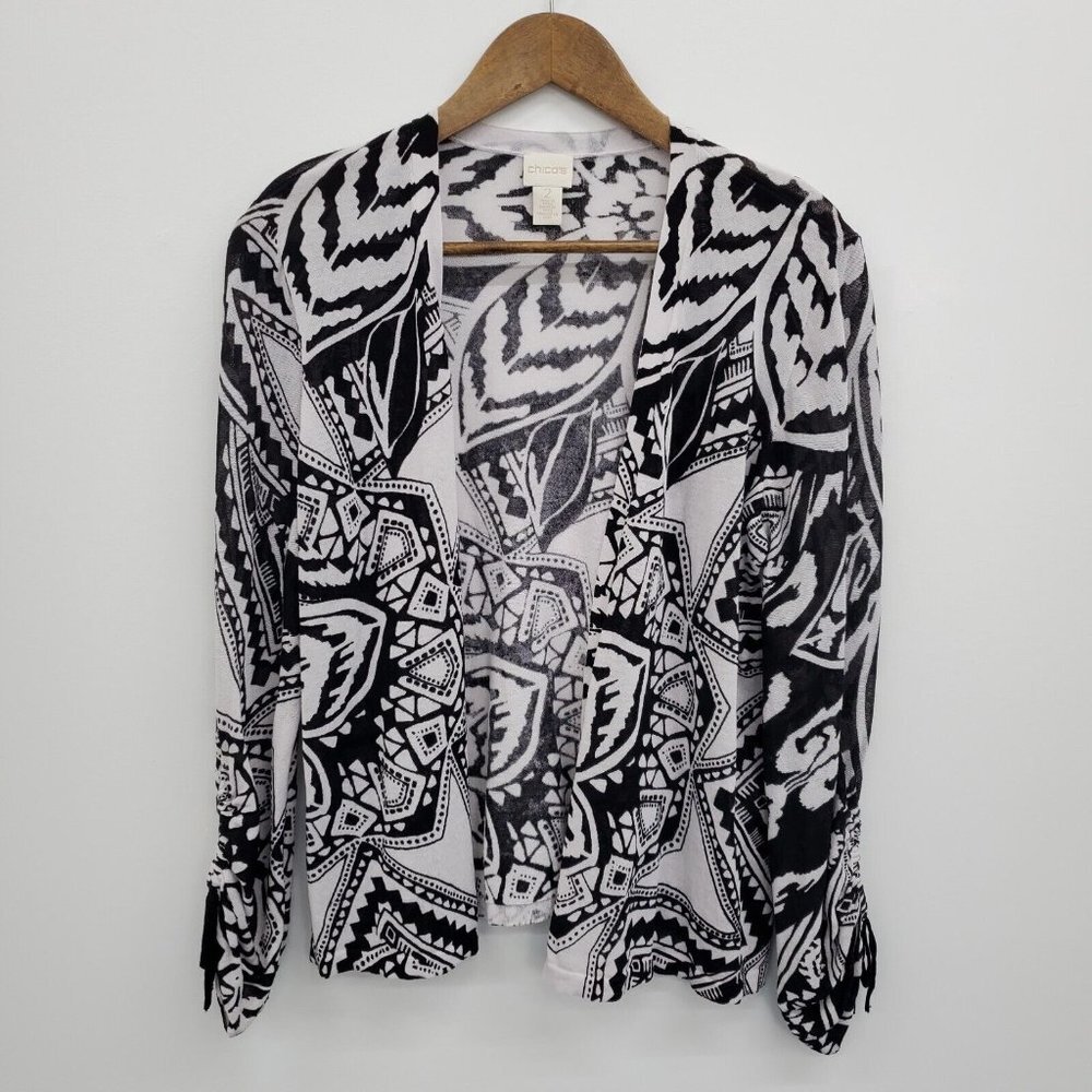 Chico's Womens Black White Open Front Cardigan Sweater Size 2 (L) Ruched Sleeves - Picture 3 of 14